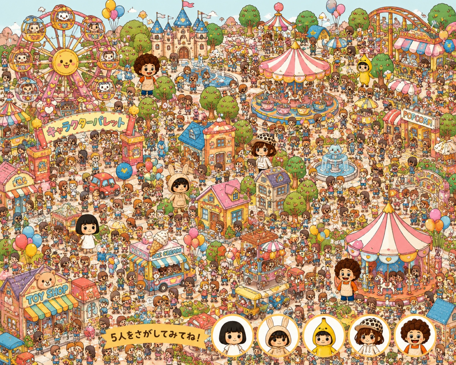 キャラクターパレットのにぎやかな遊園地。人混みの中に5人のなかまがかくれている、さがせ絵さがし