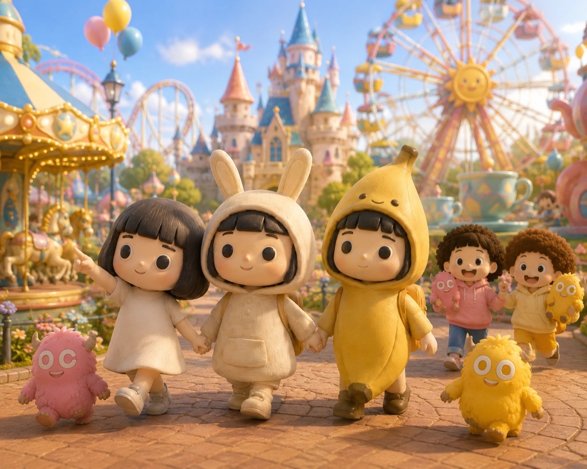 キャラクターパークの園内。お城とメリーゴーランドと観覧車を背景に、シロちゃん・ウサミミちゃん・バナナちゃんとオーシーたちがおさんぽしている