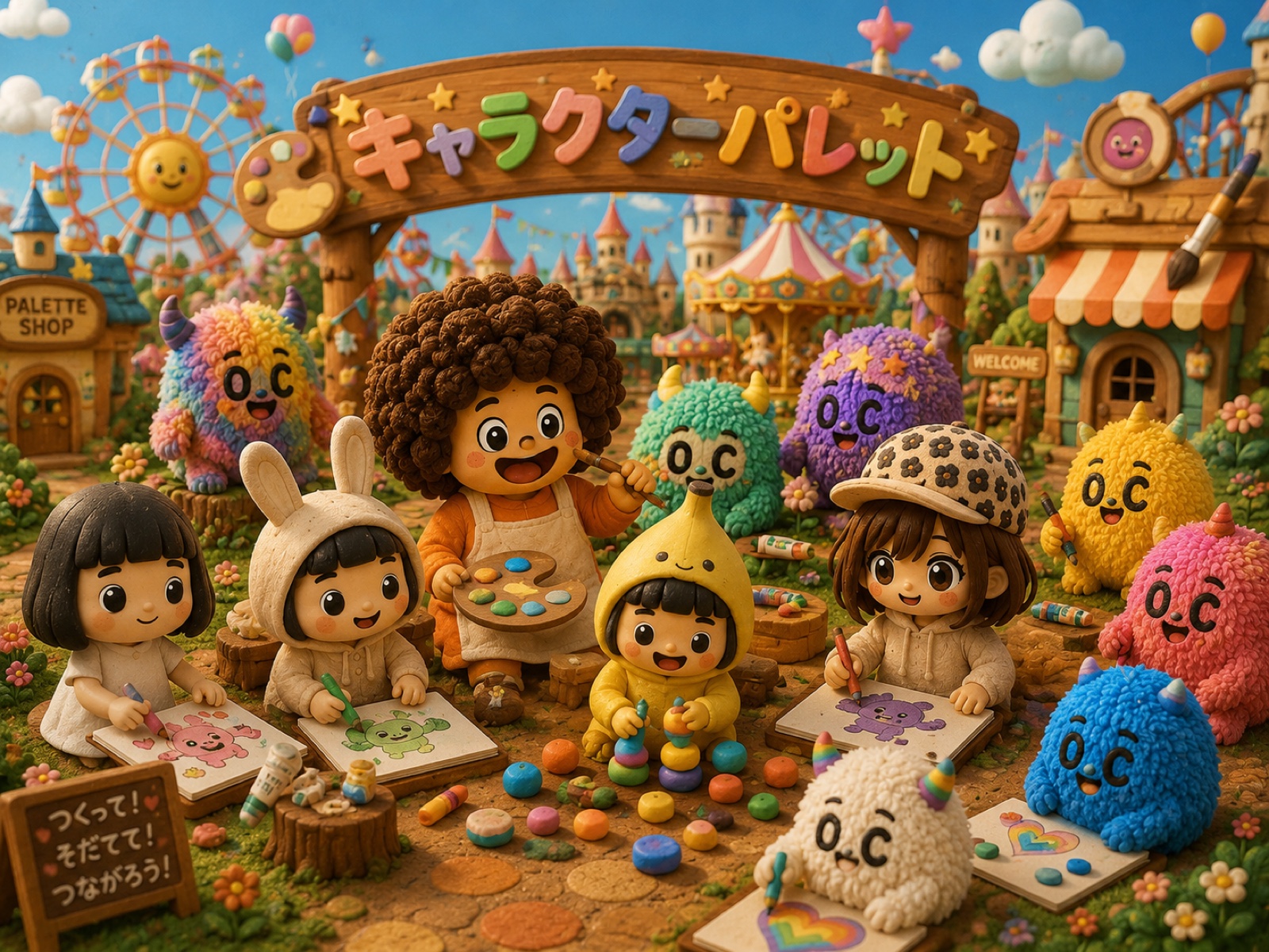 キャラクターパレットの世界の全景。PALETTE SHOPや観覧車、たくさんのなかまたちでにぎわう遊園地