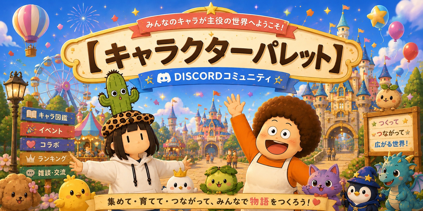 【キャラクターパレット】DISCORDコミュニティの横長バナー。城と観覧車を背景に、なかまたちが手をふっている