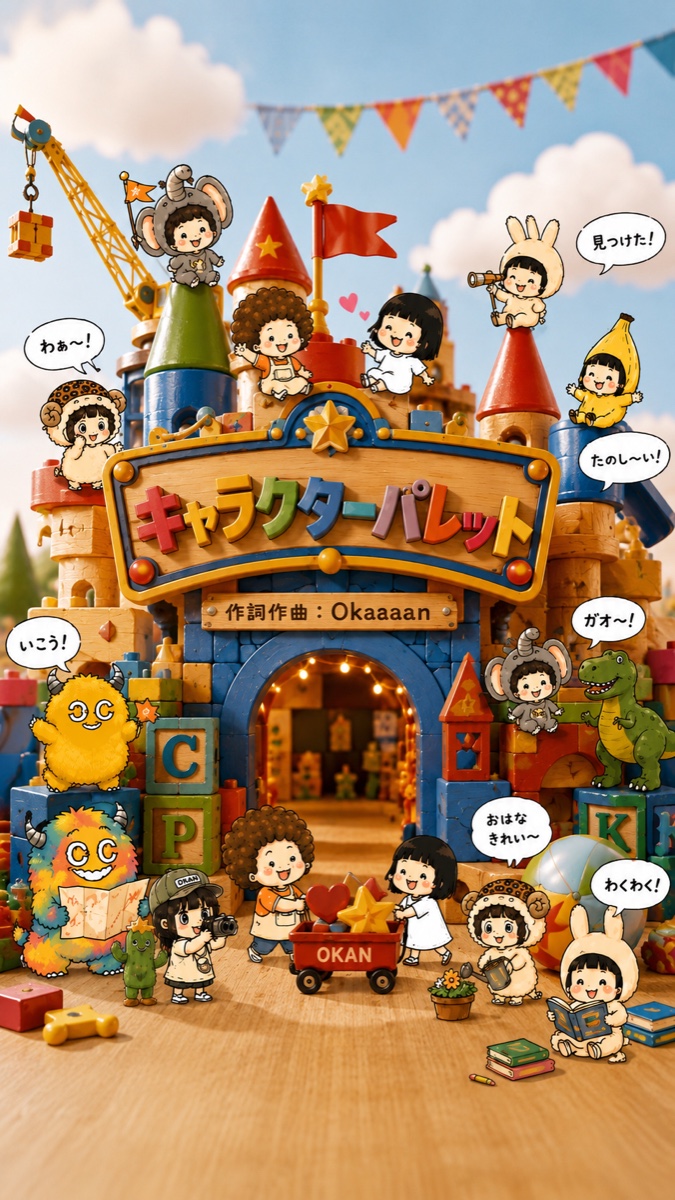 キャラクターパレットのテーマソングのジャケット。積み木のお城となかまたち、作詞作曲：Okaaaan